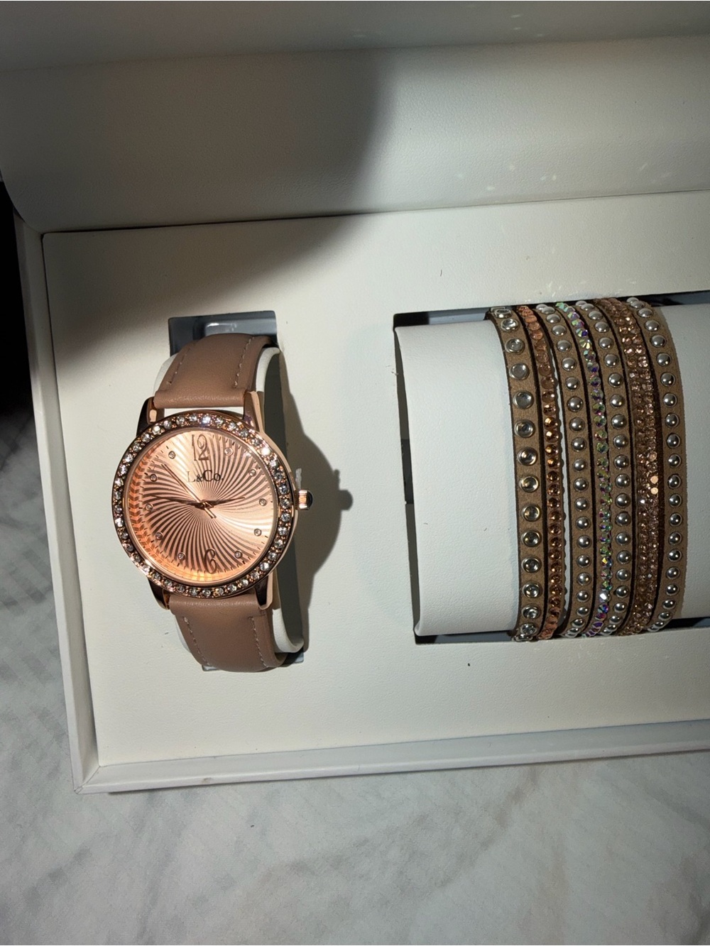 Rose Gold Crystal Bezel Watch with Taupe Leather Strap